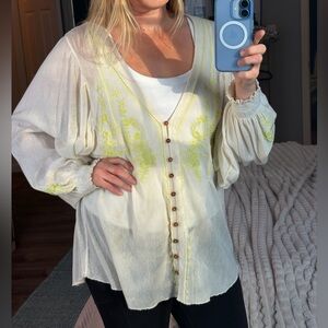Free people Embroidered Cream Blouse with Yellow/Lime Green Accents